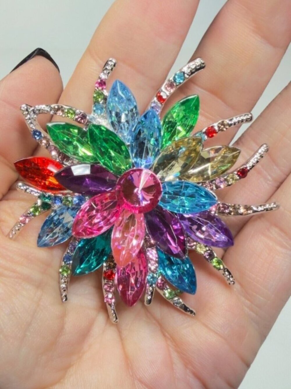 Flower Brooch Multicolor Rhinestone Statement Pin Large Crystal Floral 2.75”